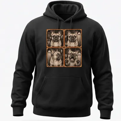 Vintage distressed design of a French Bulldog in a ghost costume for Halloween — printed on a unisex hoodie
