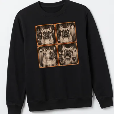 Vintage distressed design of a French Bulldog in a ghost costume for Halloween — printed on a unisex sweatshirt