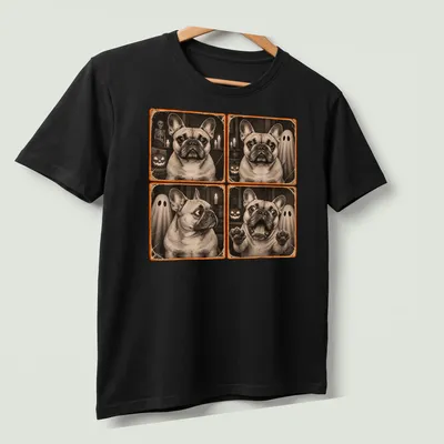 Vintage distressed design of a French Bulldog in a ghost costume for Halloween — printed on a unisex t-shirt (angled view)