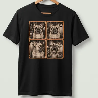 Vintage distressed design of a French Bulldog in a ghost costume for Halloween