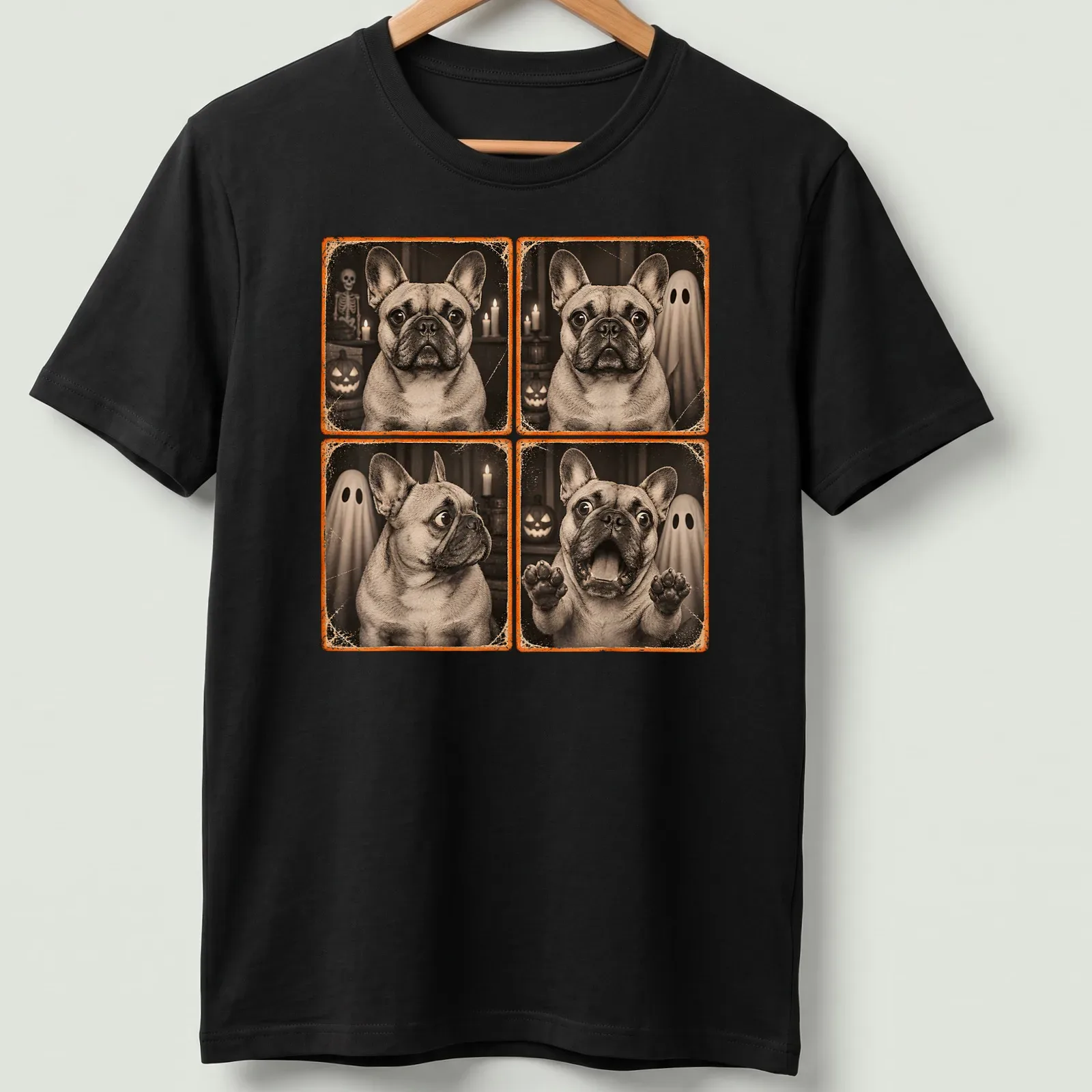 Vintage distressed design of a French Bulldog in a ghost costume for Halloween — printed on a unisex t-shirt