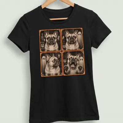 Vintage distressed design of a French Bulldog in a ghost costume for Halloween — printed on a women's shirt