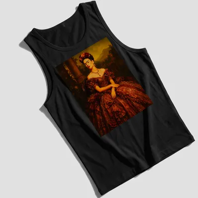 Realistic portrait of Frida Kahlo in a chocolate brown ball gown with vibrant accents — printed on a tank top