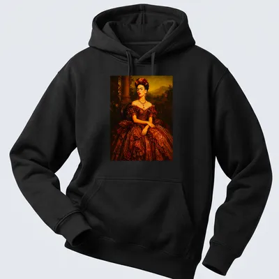 Realistic portrait of Frida Kahlo in a chocolate brown ball gown with vibrant accents — printed on a unisex hoodie