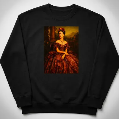 Realistic portrait of Frida Kahlo in a chocolate brown ball gown with vibrant accents — printed on a unisex sweatshirt
