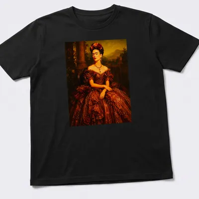 Realistic portrait of Frida Kahlo in a chocolate brown ball gown with vibrant accents