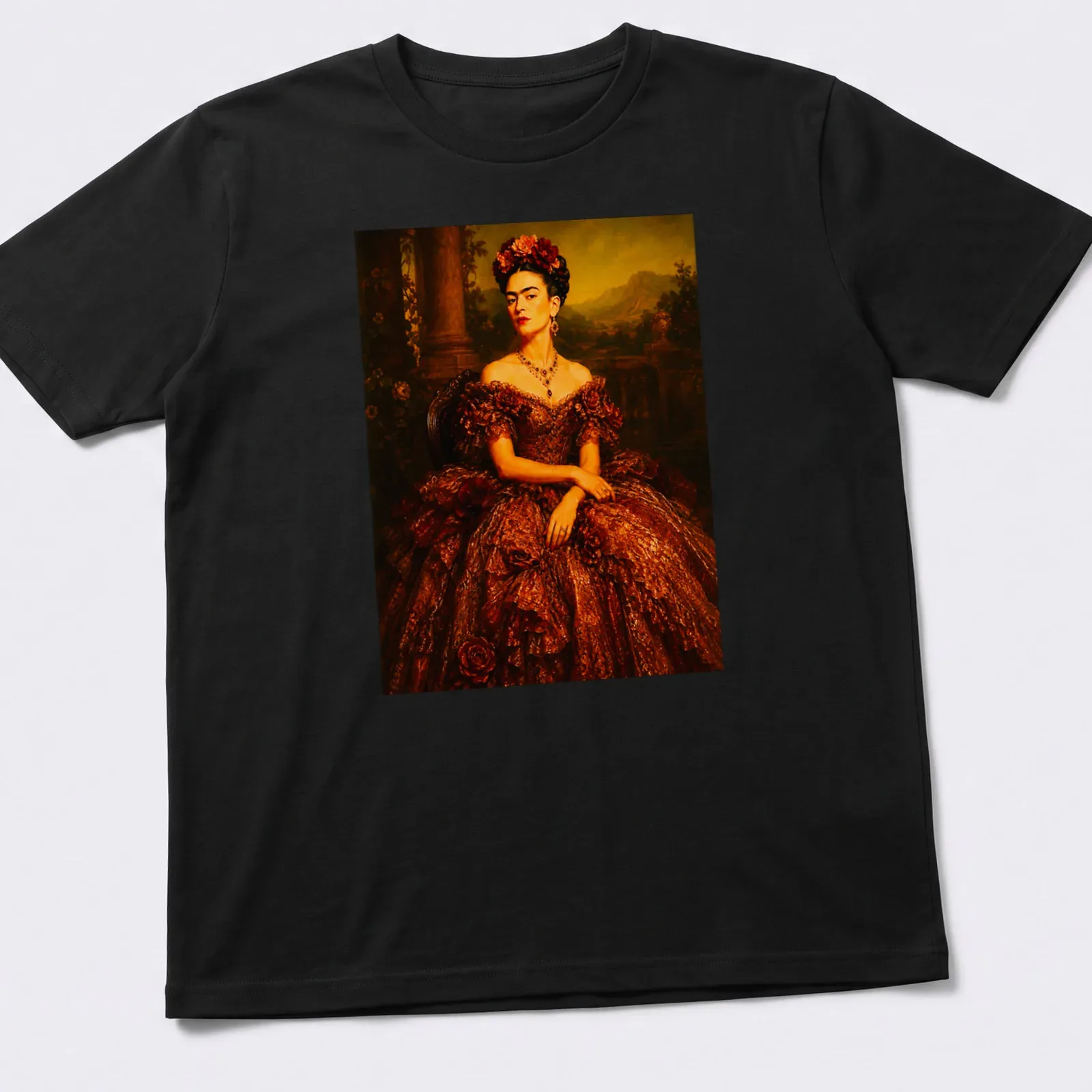 Realistic portrait of Frida Kahlo in a chocolate brown ball gown with vibrant accents — printed on a unisex t-shirt
