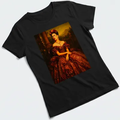 Realistic portrait of Frida Kahlo in a chocolate brown ball gown with vibrant accents — printed on a women's shirt