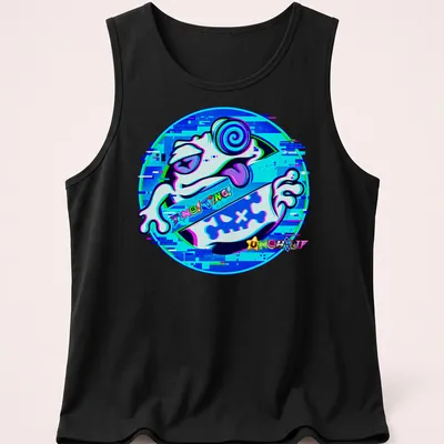 Vibrant digital art t-shirt featuring a playful frog and TiNG TiNG UNCHILD text — printed on a tank top