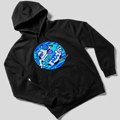 Vibrant digital art t-shirt featuring a playful frog and TiNG TiNG UNCHILD text — printed on a unisex hoodie