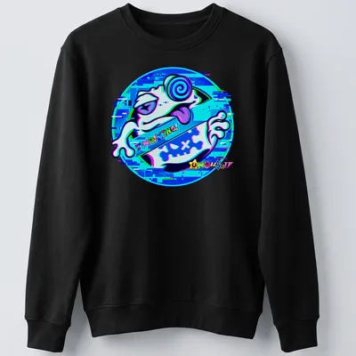 Vibrant digital art t-shirt featuring a playful frog and TiNG TiNG UNCHILD text — printed on a unisex sweatshirt