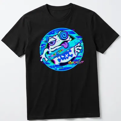 Vibrant digital art t-shirt featuring a playful frog and TiNG TiNG UNCHILD text