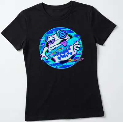 Vibrant digital art t-shirt featuring a playful frog and TiNG TiNG UNCHILD text — printed on a women's shirt