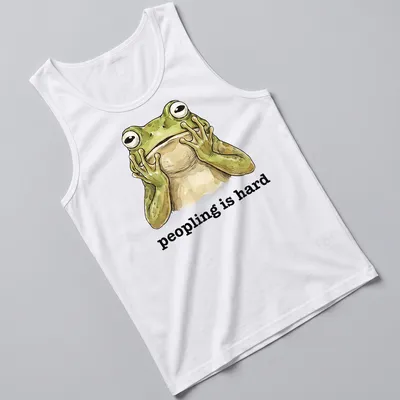 Cartoon frog with text 'peopling is hard' in a funny introvert — printed on a tank top
