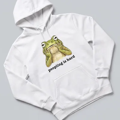 Cartoon frog with text 'peopling is hard' in a funny introvert — printed on a unisex hoodie