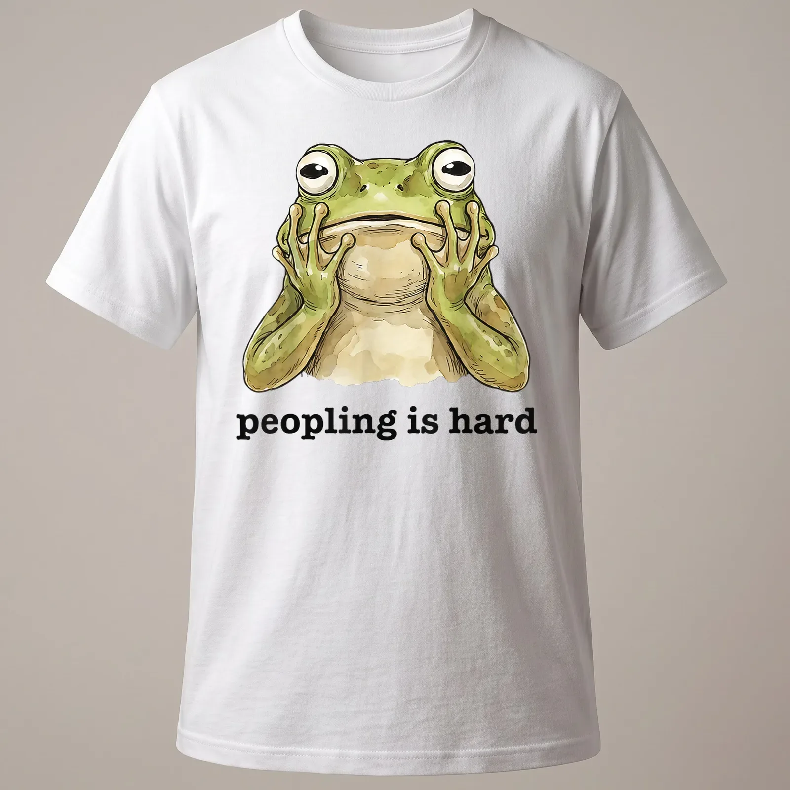 Cartoon frog with text 'peopling is hard' in a funny introvert — printed on a unisex t-shirt