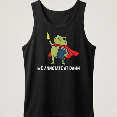 Cartoon frog reading a book, featuring vibrant colors and playful text. — printed on a tank top