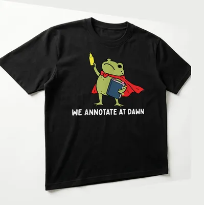 Cartoon frog reading a book, featuring vibrant colors and playful text. — printed on a unisex t-shirt (angled view)