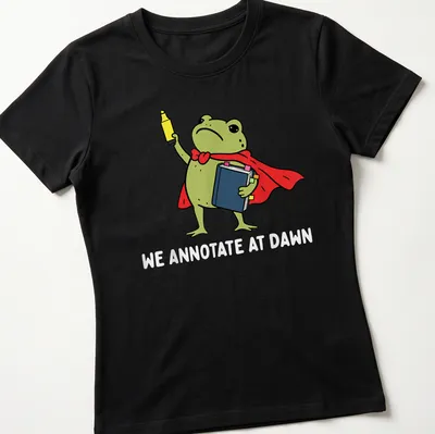 Cartoon frog reading a book, featuring vibrant colors and playful text. — printed on a women's shirt