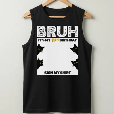 Illustration of playful black cats with a big '11TH' birthday text — printed on a tank top