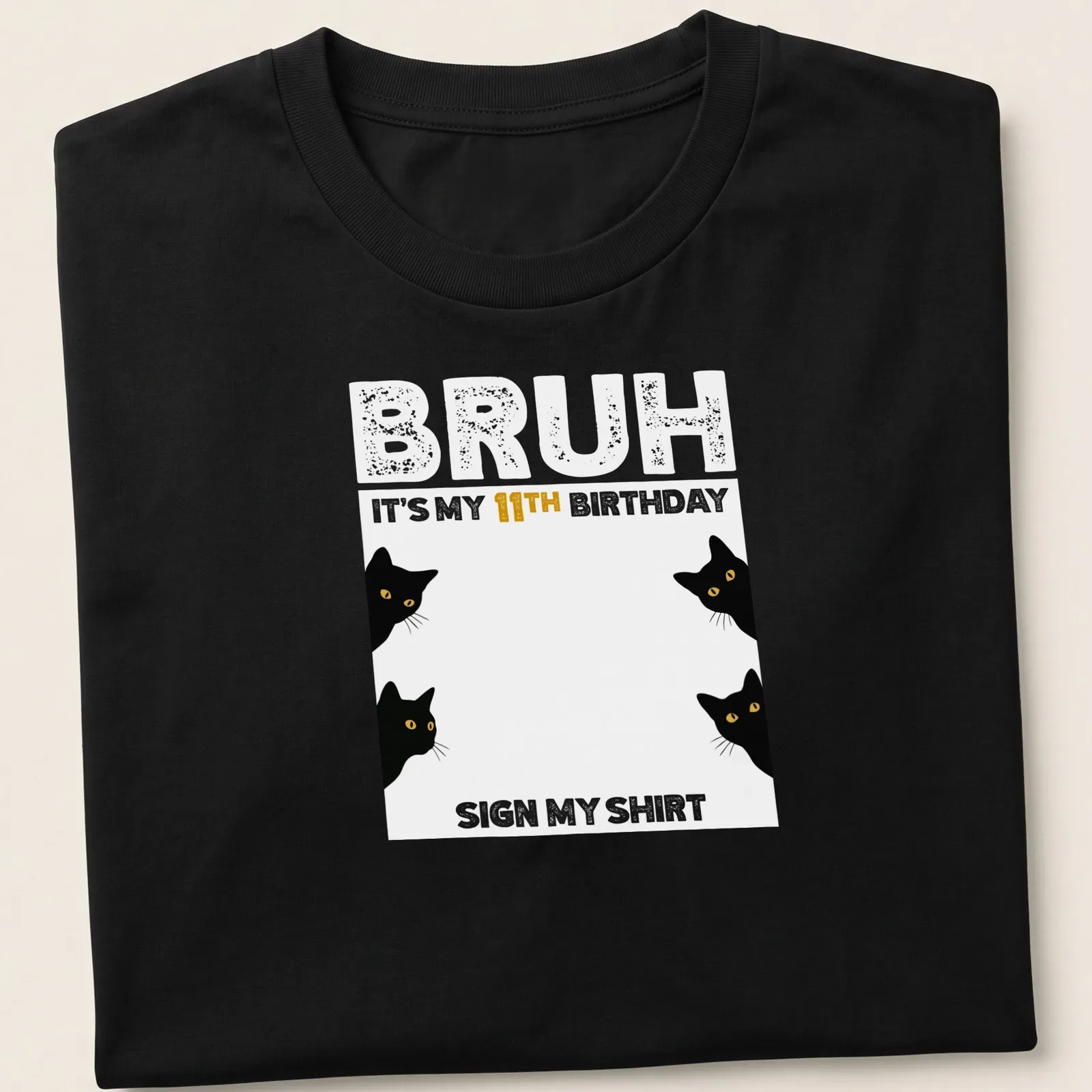 Illustration of playful black cats with a big '11TH' birthday text — printed on a unisex t-shirt