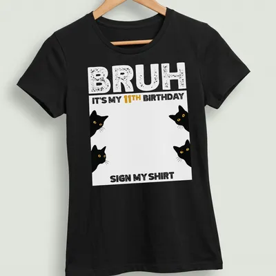 Illustration of playful black cats with a big '11TH' birthday text — printed on a women's shirt