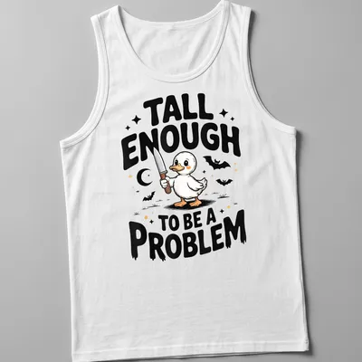 Cartoonish duck with oversized features and humorous text for Halloween — printed on a tank top