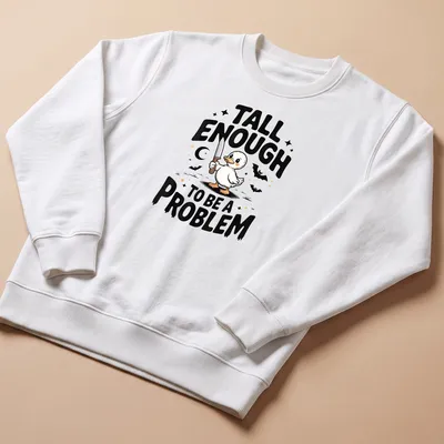 Cartoonish duck with oversized features and humorous text for Halloween — printed on a unisex sweatshirt