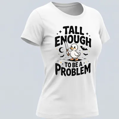 Cartoonish duck with oversized features and humorous text for Halloween — printed on a women's shirt