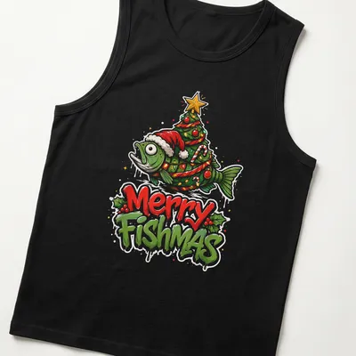 Colorful cartoon design of a fish Christmas tree with Merry Fishmas text — printed on a tank top