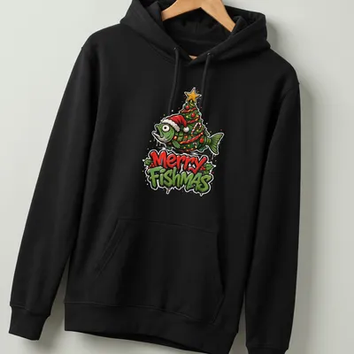 Colorful cartoon design of a fish Christmas tree with Merry Fishmas text — printed on a unisex hoodie