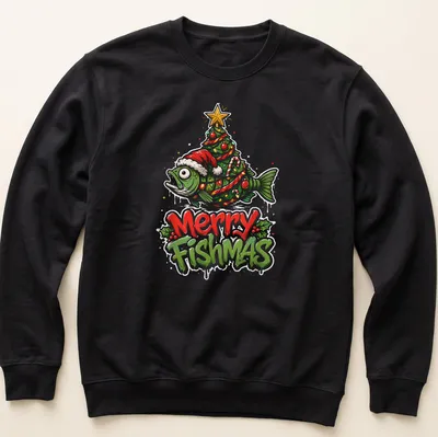 Colorful cartoon design of a fish Christmas tree with Merry Fishmas text — printed on a unisex sweatshirt