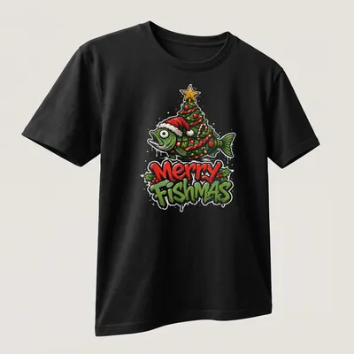 Colorful cartoon design of a fish Christmas tree with Merry Fishmas text — printed on a unisex t-shirt (angled view)