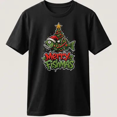 Colorful cartoon design of a fish Christmas tree with Merry Fishmas text