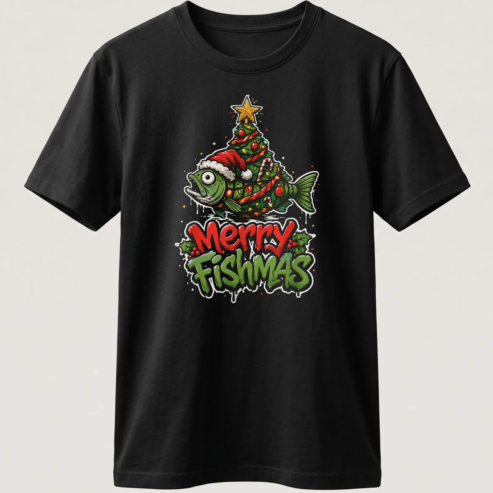 Colorful cartoon design of a fish Christmas tree with Merry Fishmas text — printed on a unisex t-shirt