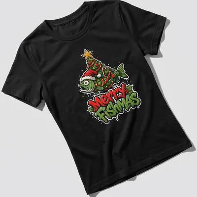 Colorful cartoon design of a fish Christmas tree with Merry Fishmas text — printed on a women's shirt