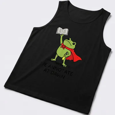 Cartoon frog T-shirt with the phrase 'We Annotate At Dawn' in playful font — printed on a tank top