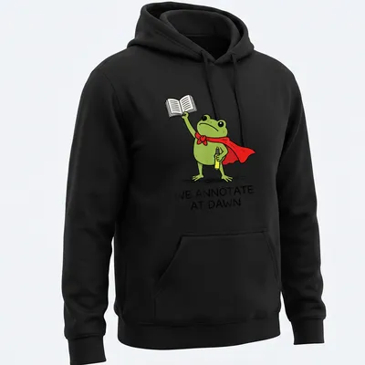 Cartoon frog T-shirt with the phrase 'We Annotate At Dawn' in playful font — printed on a unisex hoodie