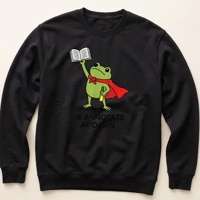 Cartoon frog T-shirt with the phrase 'We Annotate At Dawn' in playful font — printed on a unisex sweatshirt