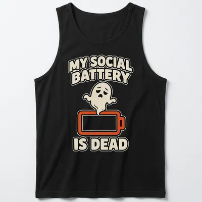 Cartoon ghost design with text 'MY SOCIAL BATTERY IS DEAD' in black and orange — printed on a tank top