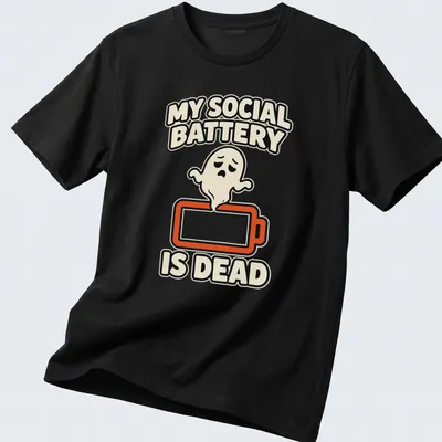 Cartoon ghost design with text 'MY SOCIAL BATTERY IS DEAD' in black and orange