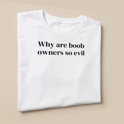 Bold typography t-shirt with the text 'Why are boob owners so evil' in black and white. — printed on a unisex t-shirt (angled view)