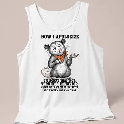 Vintage illustration of a funny opossum with text about apologizing for bad behavior — printed on a tank top