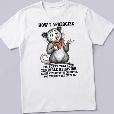 Vintage illustration of a funny opossum with text about apologizing for bad behavior