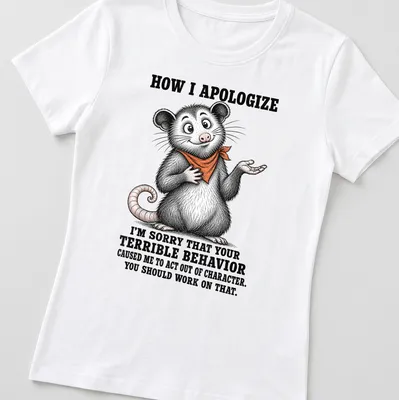 Vintage illustration of a funny opossum with text about apologizing for bad behavior — printed on a women's shirt