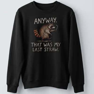 Whimsical illustration of a raccoon with text: Anyway. That was my last straw. — printed on a unisex sweatshirt
