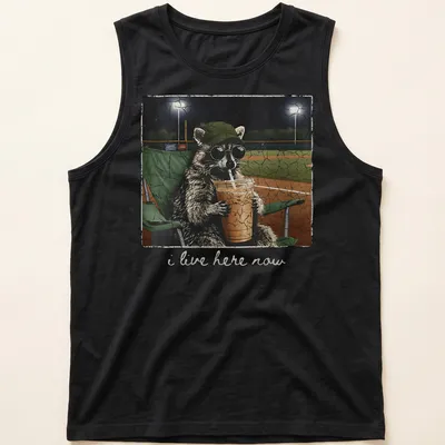 Vintage distressed print of a playful raccoon with the text 'i live here now' — printed on a tank top