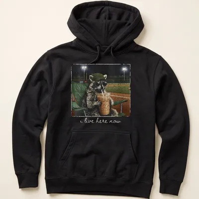 Vintage distressed print of a playful raccoon with the text 'i live here now' — printed on a unisex hoodie