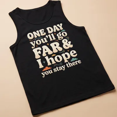 Playful bubble lettering with the phrase about going far and staying there in multiple colors. — printed on a tank top