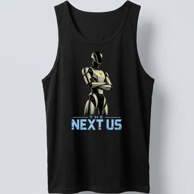 Futuristic humanoid robot shirt featuring sleek design with modern colors — printed on a tank top